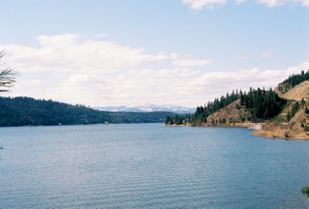 [A huge expanse of water with the near hillsides on the right both brown from exposed ground and green from evergreens. The color of the far shore is less distinct due to distance. There are snow-capped mountains in the far distance, but only a sliver of them is available above the closer hillsides of the lake.]